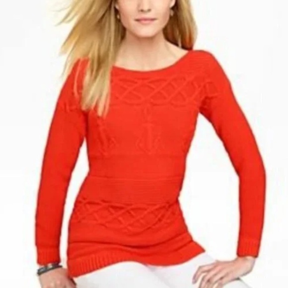 Talbots Women MP Orange Cable Knit Anchor Nautical Boat Neck Pullover Sweater - Picture 1 of 10